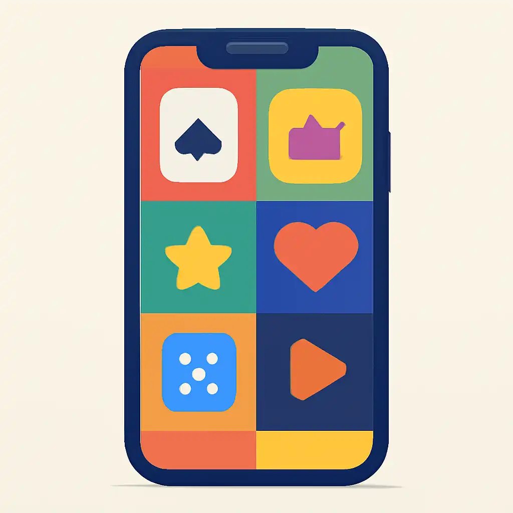 Smartphone shown from the front displaying a colourful flat layout of abstract game icons and rounded tiles, Teen Patti Gold