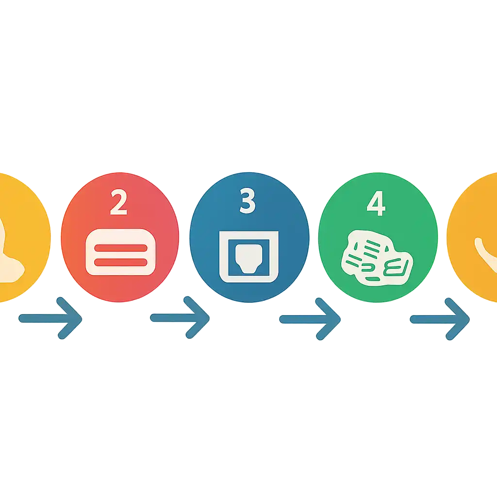 Five numbered circular icons connected by arrows in a horizontal flow, Teen Patti Gold steps