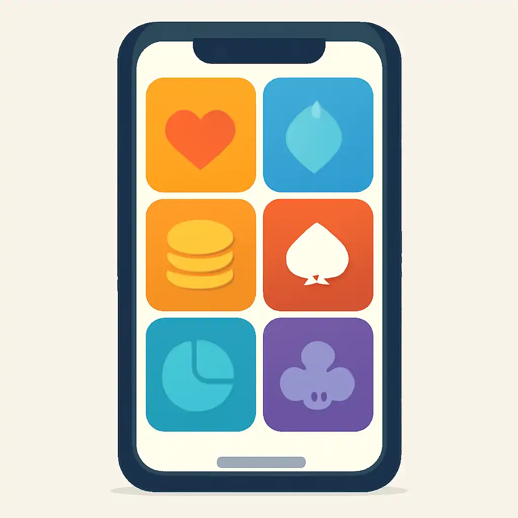 Smartphone shown from the front displaying a colourful flat layout of abstract game icons and rounded tiles, Teen Patti