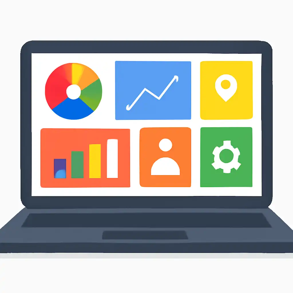 Laptop shown from the front displaying a colourful flat dashboard of abstract charts, bars and icon tiles, Teen Patti Gold