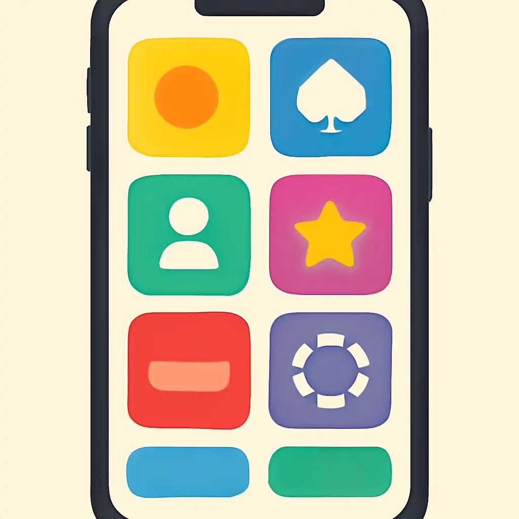 Smartphone shown from the front displaying a colourful flat layout of abstract game icons and rounded tiles, Teen Patti