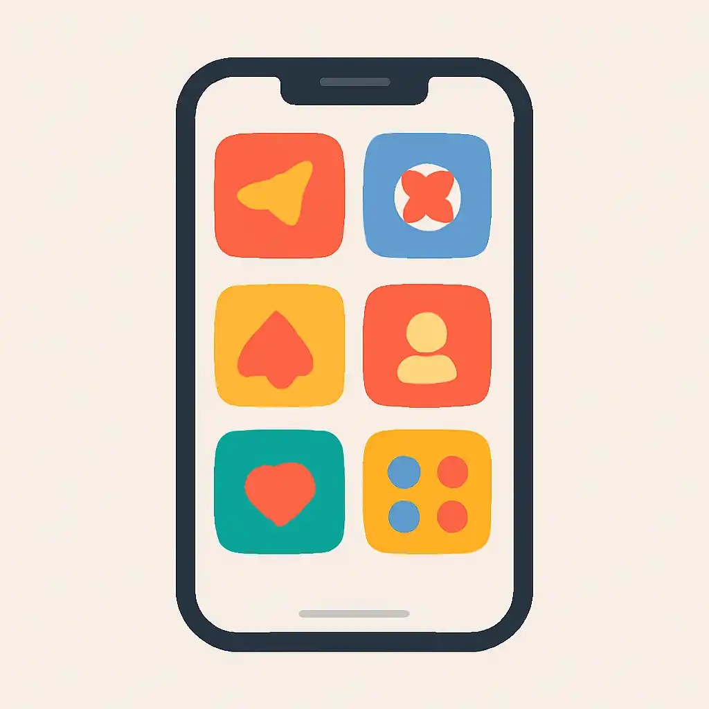 Smartphone shown from the front displaying a colourful flat layout of abstract game icons and rounded tiles, Is Teen Patti
