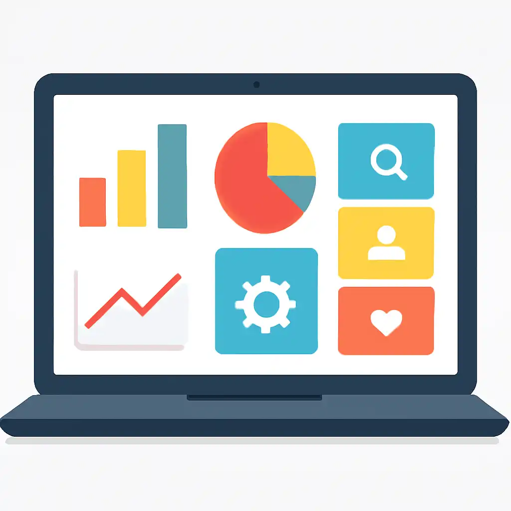 Laptop shown from the front displaying a colourful flat dashboard of abstract charts, bars and icon tiles, Is Teen Patti