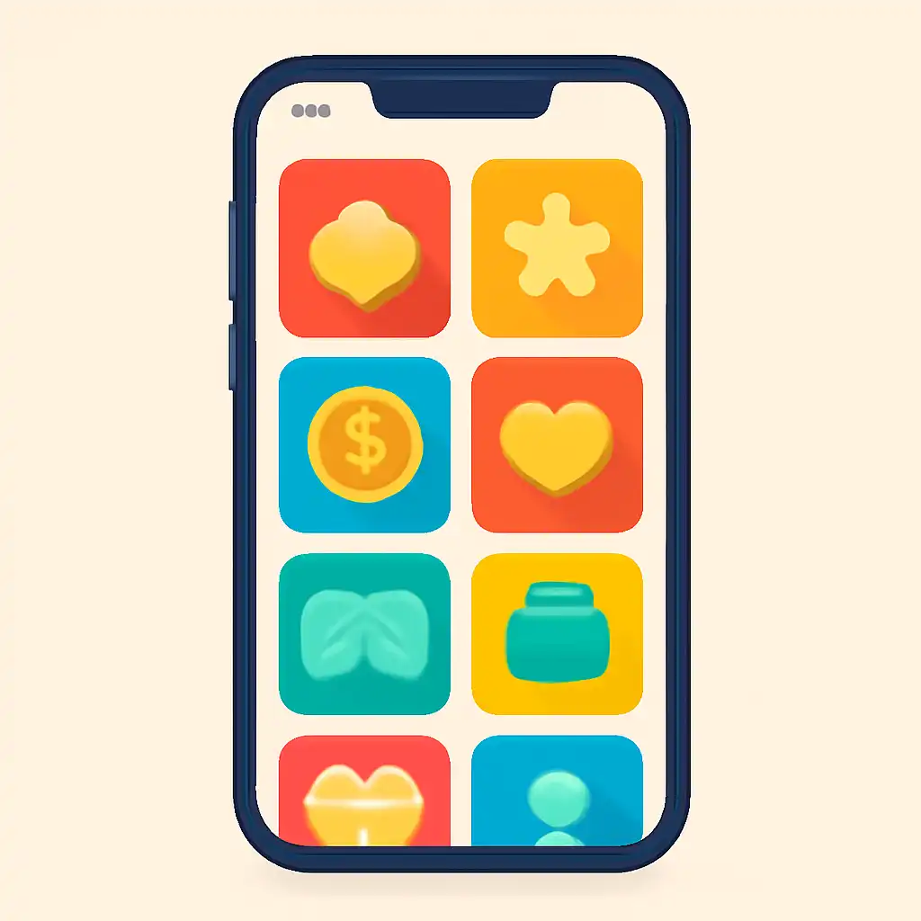 Smartphone shown from the front displaying a colourful flat layout of abstract game icons and rounded tiles, Teen Patti
