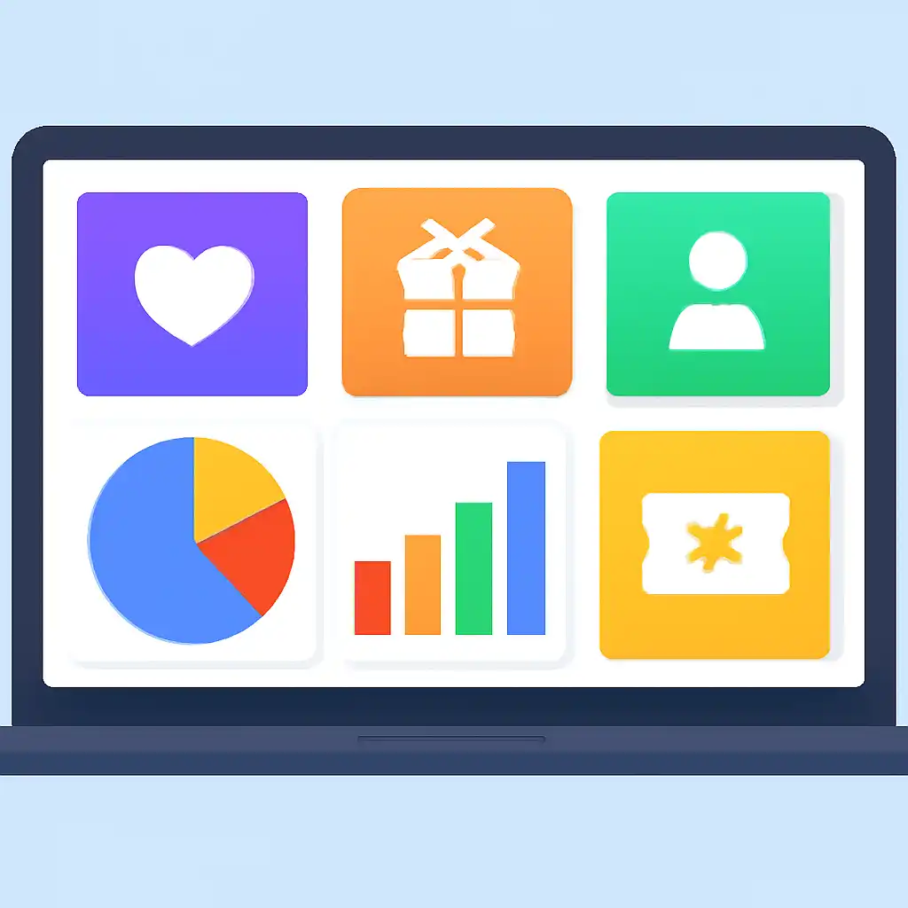 Laptop shown from the front displaying a colourful flat dashboard of abstract charts, bars and icon tiles, Teen Patti Gold
