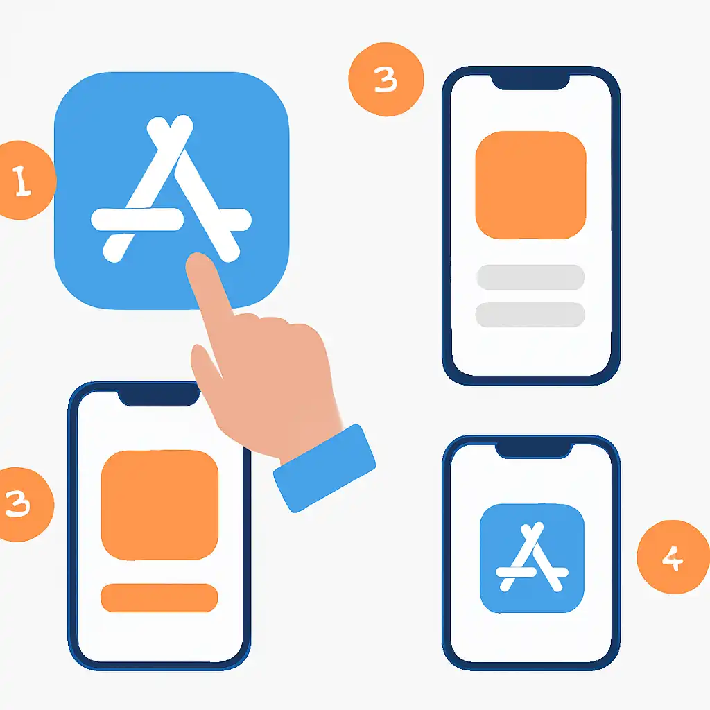 Annotated step diagram: ios app install process with numbered callouts, Teen Patti Gold