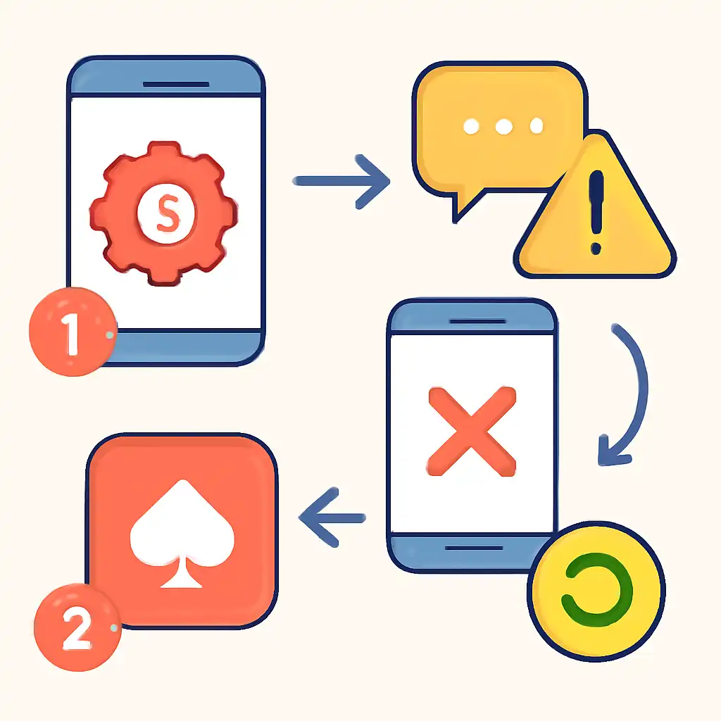Annotated step diagram: app update problems process with numbered callouts, Teen Patti Gold