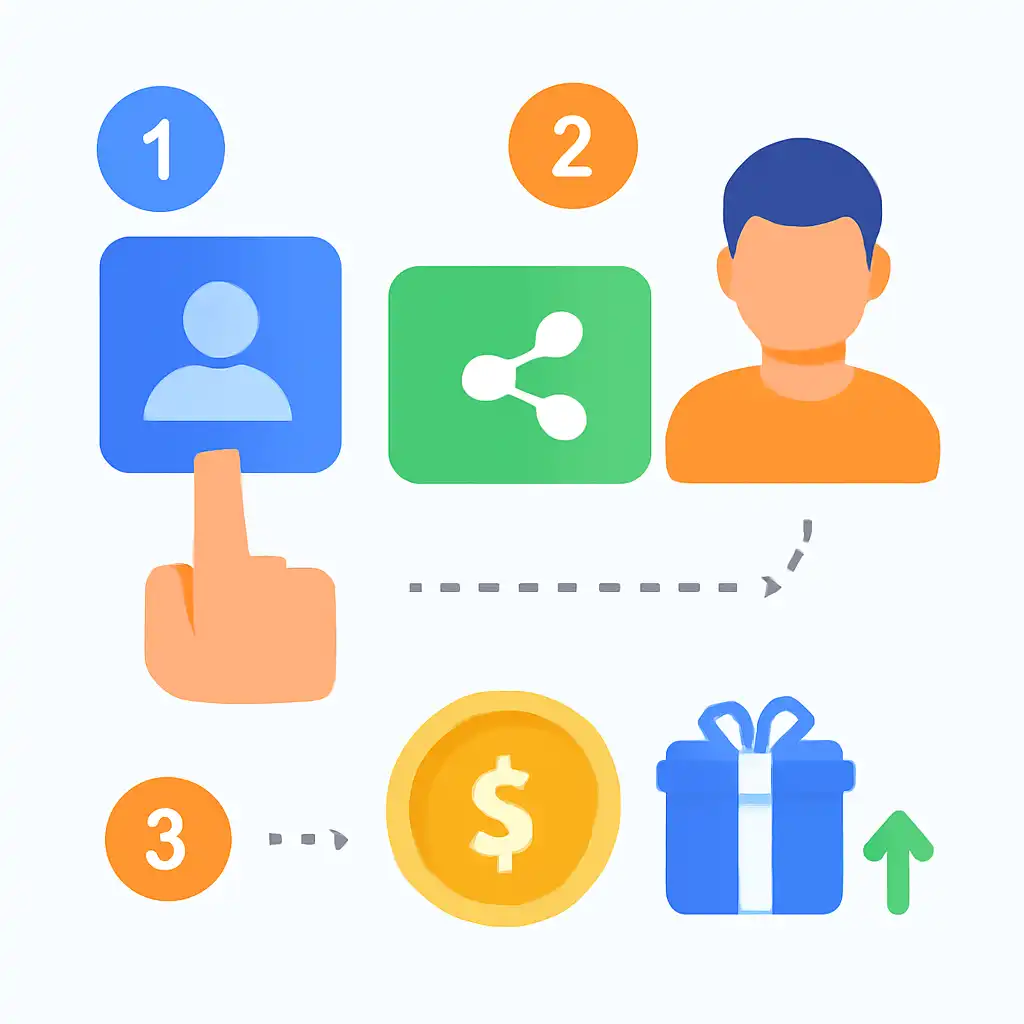 Annotated step diagram: referral rewards process with numbered callouts, Teen Patti Gold