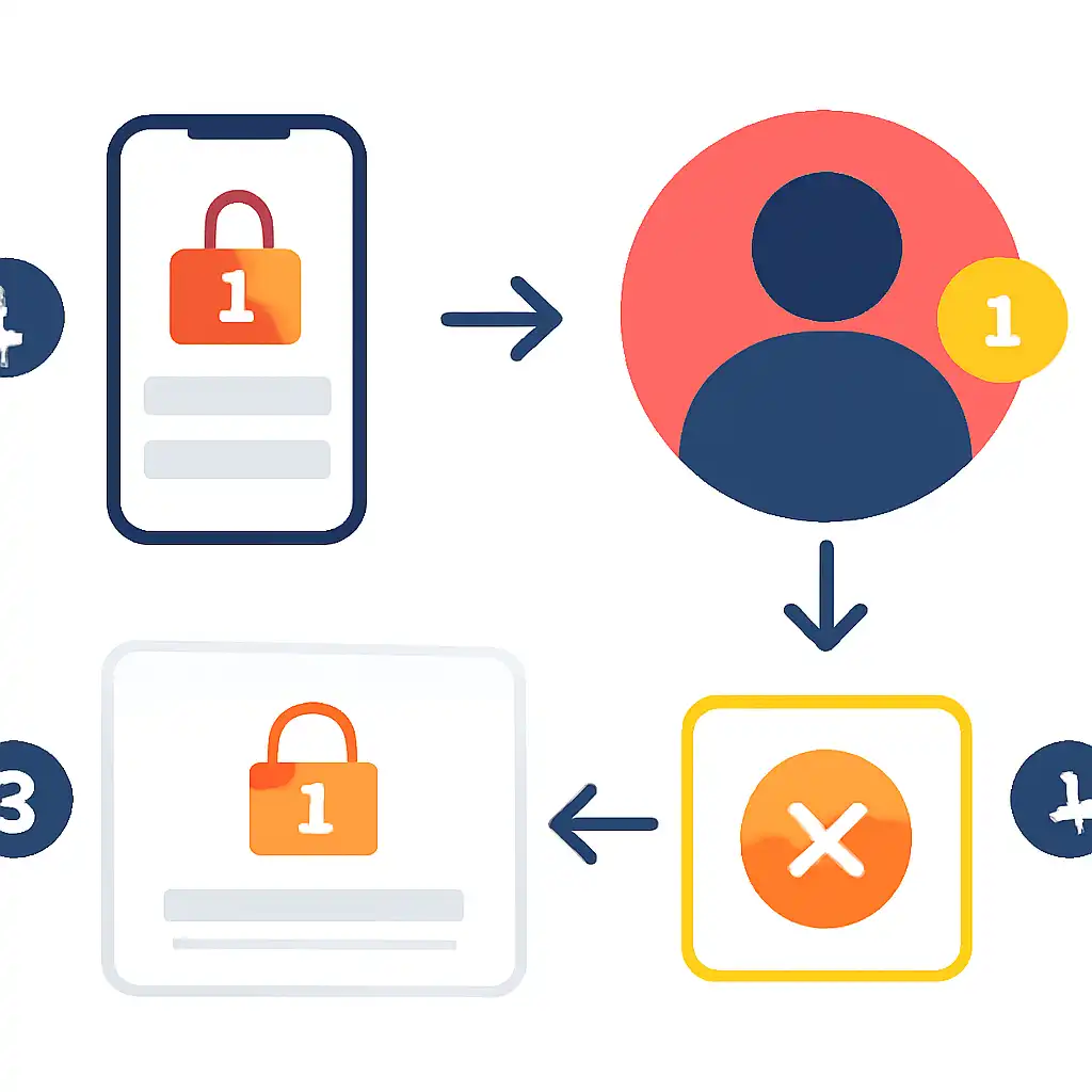 Annotated step diagram: account locked process with numbered callouts, Teen Patti Gold