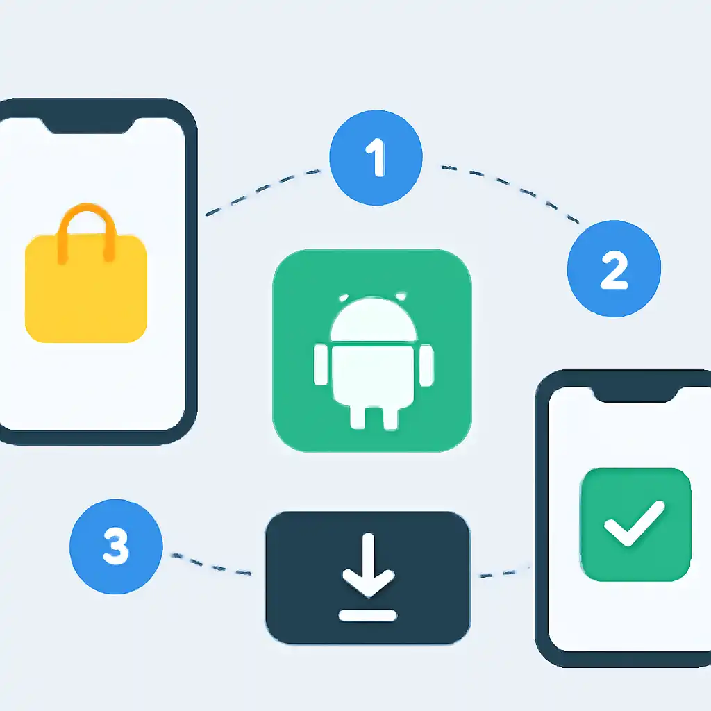 Annotated step diagram: android apk install process with numbered callouts, Teen Patti Gold
